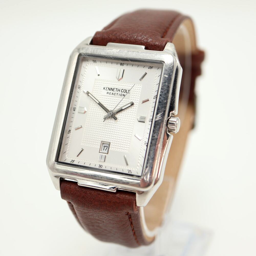 Kenneth Cole Mens Silver Tone 33mm Tank Watch Brown Faux Leather w New Battery